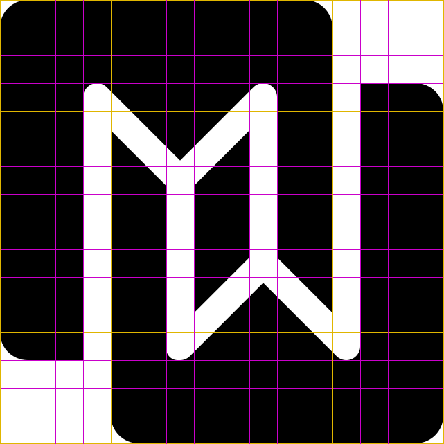 MW Monogramm-Logo mit 16×16 Raster und Hauptlinien alle vier Pixel.